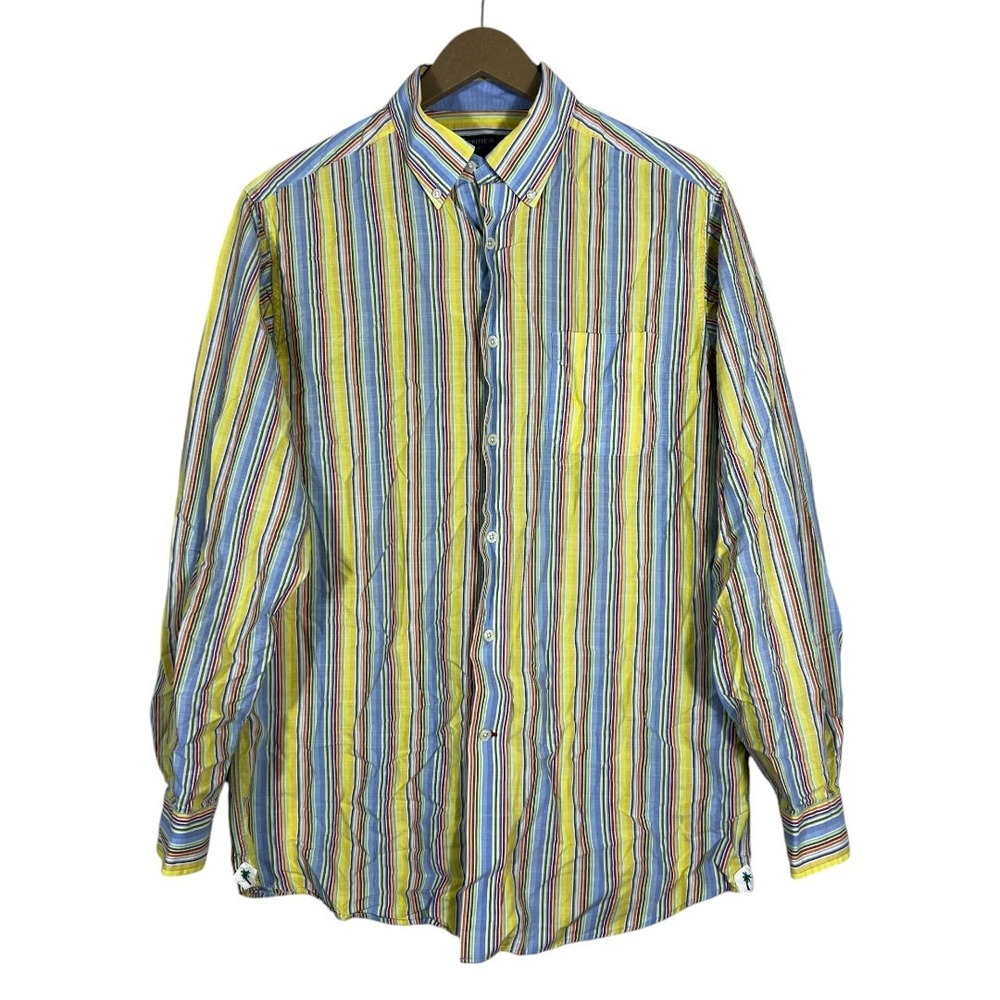 Cremieux Collection Striped Button Down Shirt Yellow Blue Multi Preppy Size M